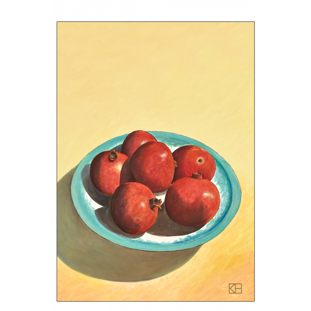 Plakat med granatæbler på blå tallerken