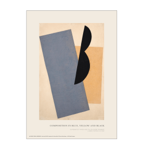 Plakat. Komposition in blau, gelb und schwarz.