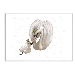 Swan mother with duckling. Poster with animals.