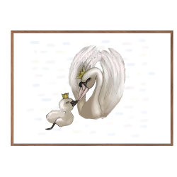 Swan mother with duckling. Poster with animals.