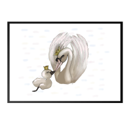 Swan mother with duckling. Poster with animals.