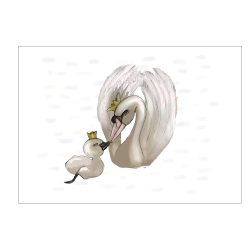 Swan mother with duckling. Poster with animals.