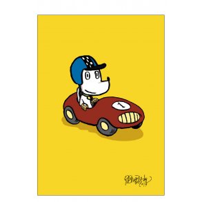 Hunden Ib in einem Rennwagen