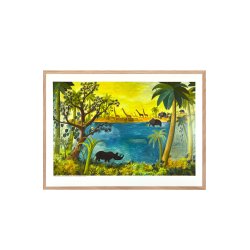 Urskovsbillede med nsehorn, giraffer og elefanter ved en s