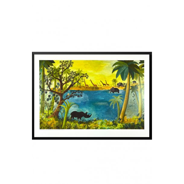 Urskovsbillede med nsehorn, giraffer og elefanter ved en s