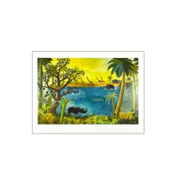 Urskovsbillede med nsehorn, giraffer og elefanter ved en s