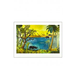 Dschungelszene mit Nashrnern, Giraffen und Elefanten an einem See